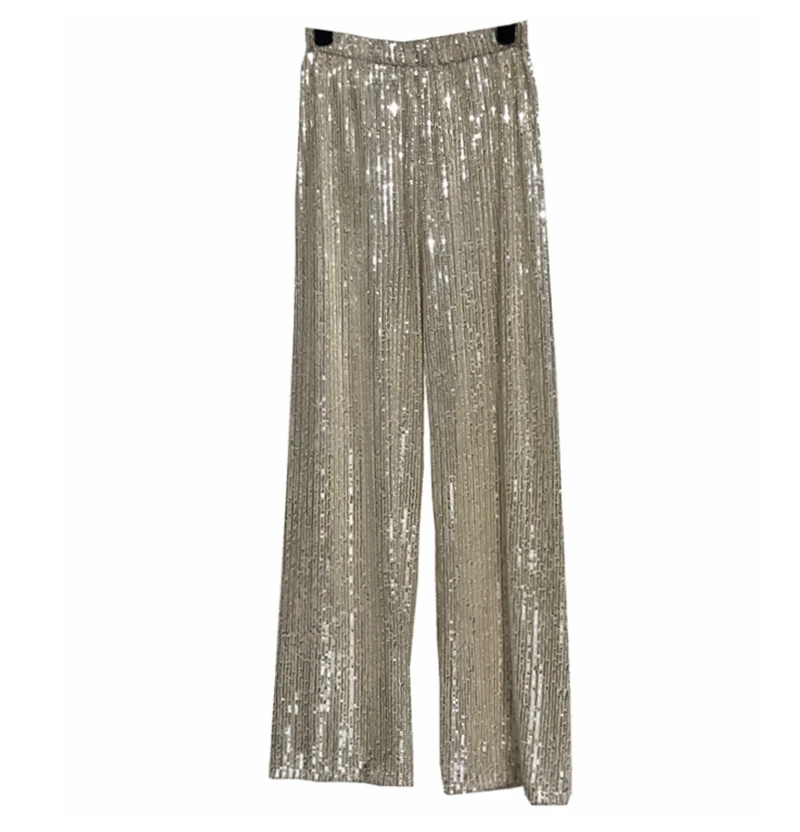 Silver Full Sequined 2024 Women Wide Leg Pant Elastic Waist Bling Luxury Chic Capris Casual Gold Long Pant Female Club