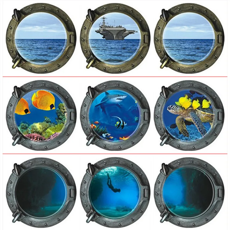 Fake Submarine-window Stickers Ship Seabed World Deep Sea Diver Triptych 3D Vinyl Wall Decals Home Decorations Wallpaper 33*33CM