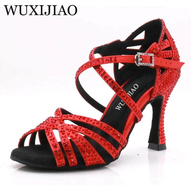 WUXIJIAO-Cetim Sapatos de dança para mulheres, fundo macio, strass brilhantes, vermelho e azul, sapatos de dança salsa, salto 9cm