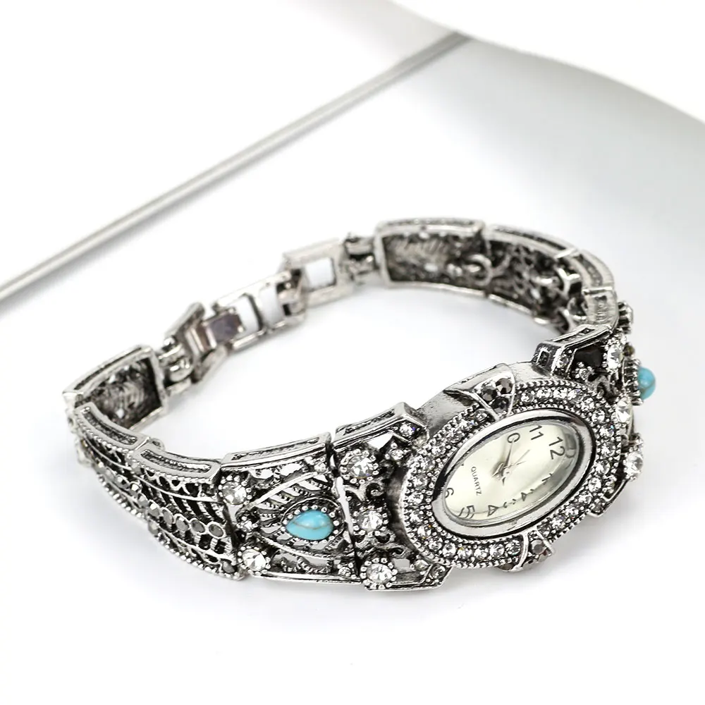 Sunspicems Indian Women Cuff Bracelet Wrist Bangle Watch Oval Watchcase Vintage Silver Color Rhinestone Elegant Festival Gift