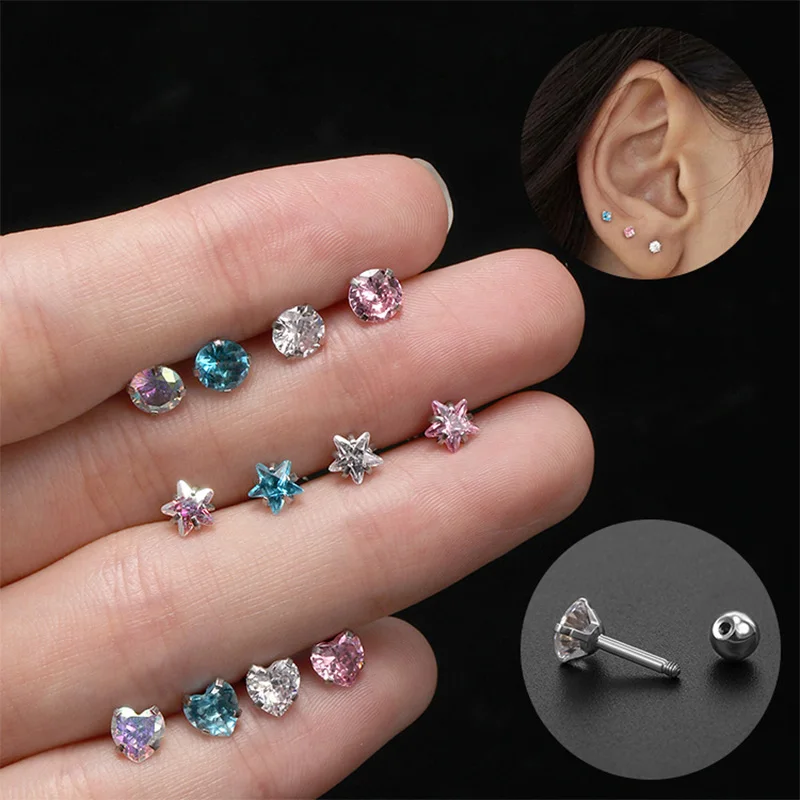 1Pair 4mm Medical Stainless-steel Crystal Zircon Ear Studs Earrings For Women Round/Love Heart Tragus Cartilage Piercing Jewelry