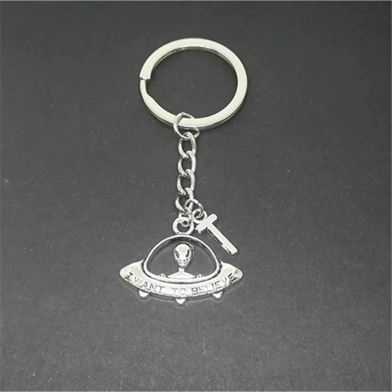 1 Pcs Handmade Anqtique Silver Color UFO Keychains Alien Keychain with Initial, Gift for Science Fans