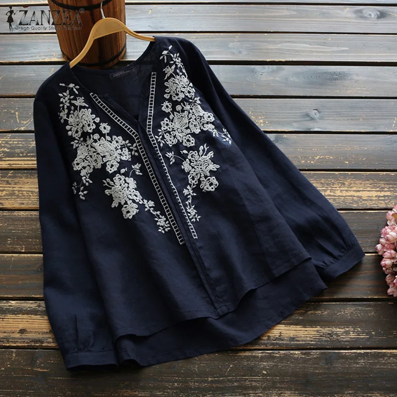 ZANZEA Spring Long Sleeve Ruffles Tops Women Vintage Embroidery Blouse  Casual O Neck Cotton Linen Blusas Femininas Shirt Mujer