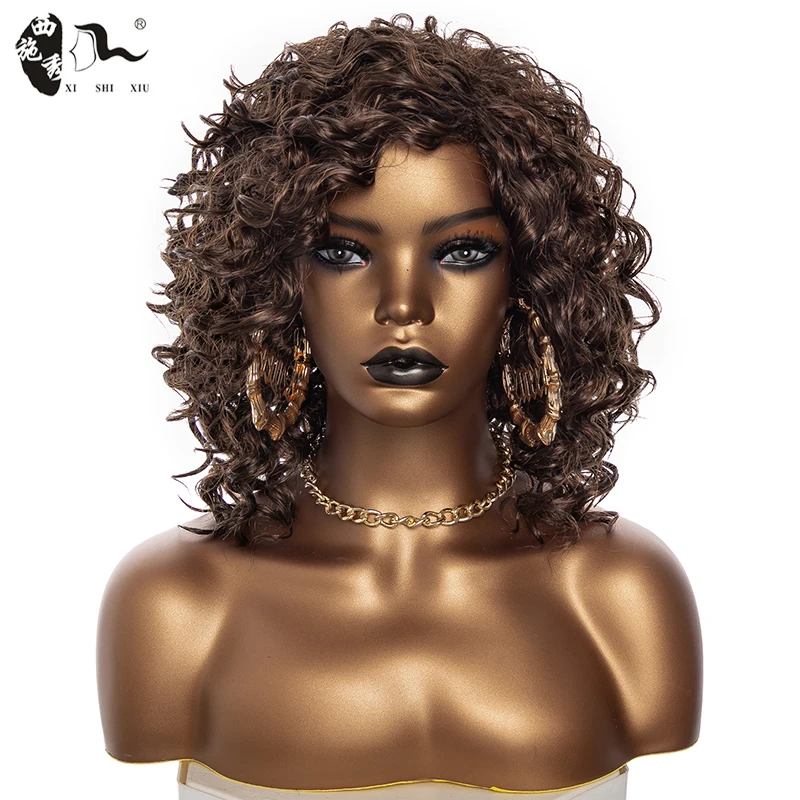 

Short Brown Kinky Curly Synthetic Natural Wave Wig With Bangs For Black Women Cosplay Lolita Natural Glueless Wigs XISHIXIU HAIR