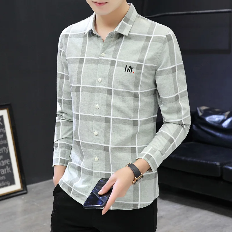 

Men's Long Sleeve Fashion Lattice Autumn Personality Lapel Youth Literature And Art Slim Design Soft Trend Handsome Casual Shirt