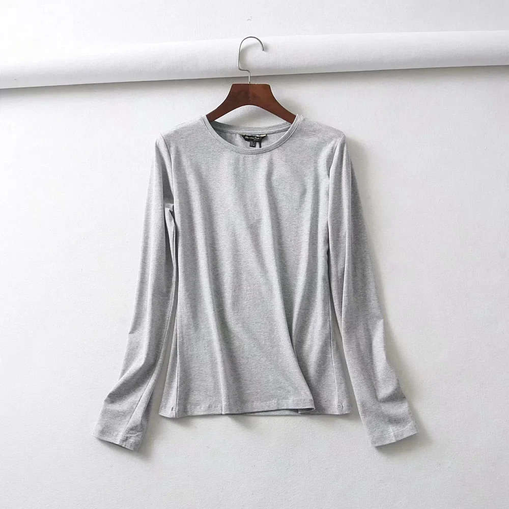 Maxdutti Camisetas Verano Mujer 2024 England Style Slim Summer T-shirt Women Cotton O-neck Simple Basic Solid Long Sleeve Tshirt