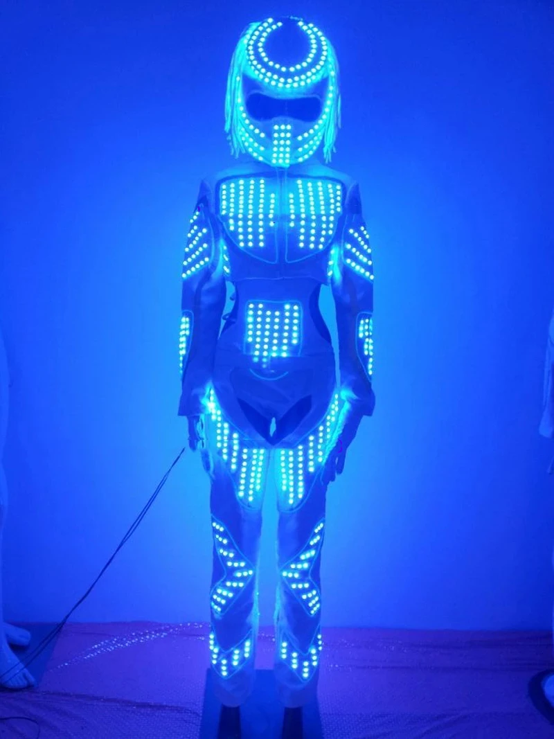 Women LED Light up dance costume with predator helmet Robot suit glowing dance costumes