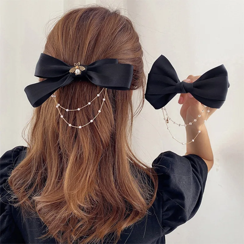 New Women Elegant Vintage Bow Pearl Chain Hairpins Sweet Hair Ornament Headband Hair Clips For Women Fashion Hair Accessories