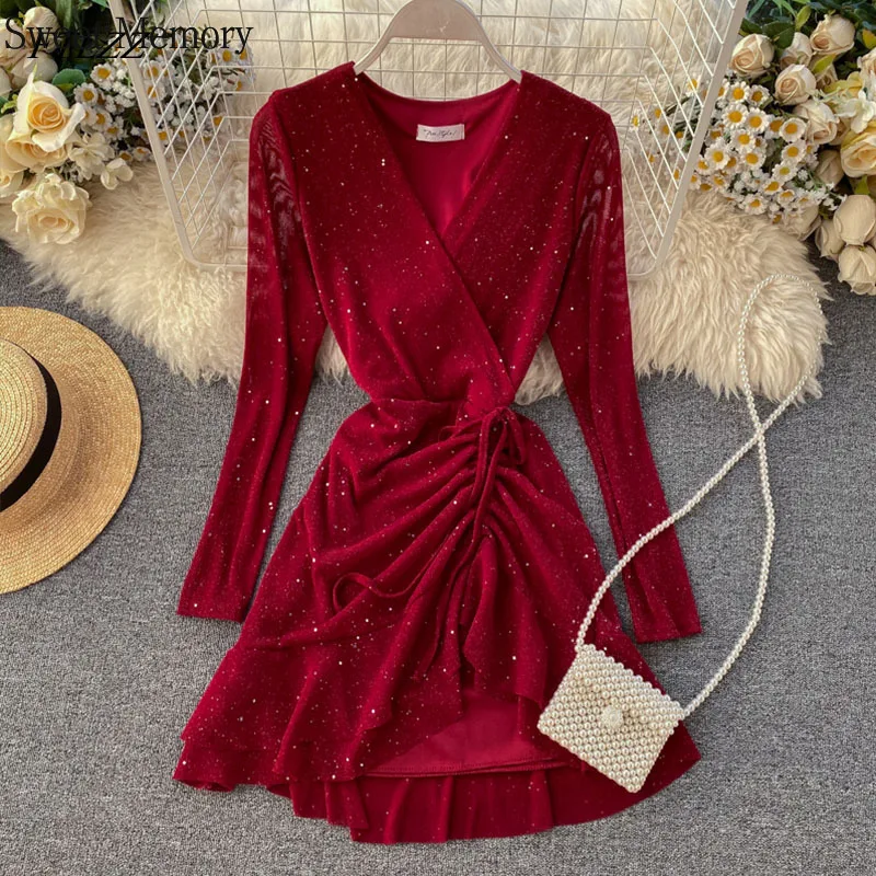 Sweet Memory Black Wine Red Long Sleeve V-Neck Vintage Cocktail Dresses 2021 Women Robes Ruffle Mini Dress Party Vestidos