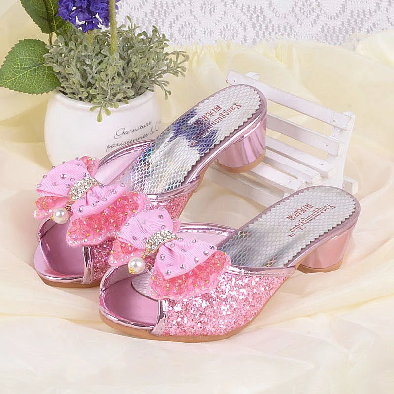 

Girls Summer Sandals Slipper Sequined Princesse Children High Heel Party Dress Shoes Leather Slipper For Kids Slides