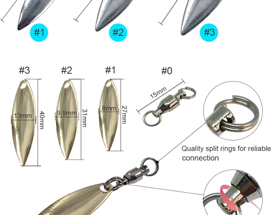 20 Stück Willowleaf-Spinnerblätter + Kugellager-Wirbel mit Spaltringen, Trolling-Angelköder-Zubehör, Spinnerbaits – Detail 3