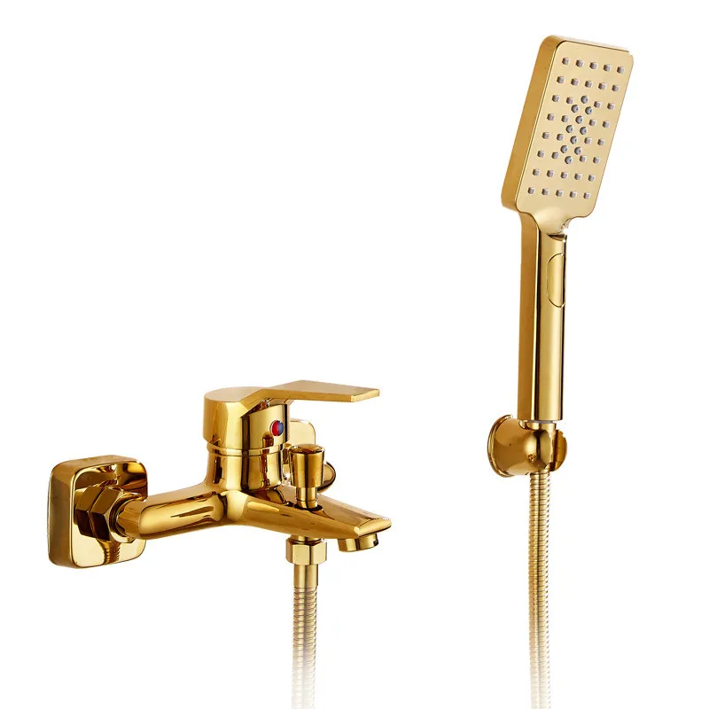 

Gold Bath and Shower Faucet Set Soild Brass Bathroom Shower Faucet Mixer Tap With Handheld Hot and Cold Wall Mounted