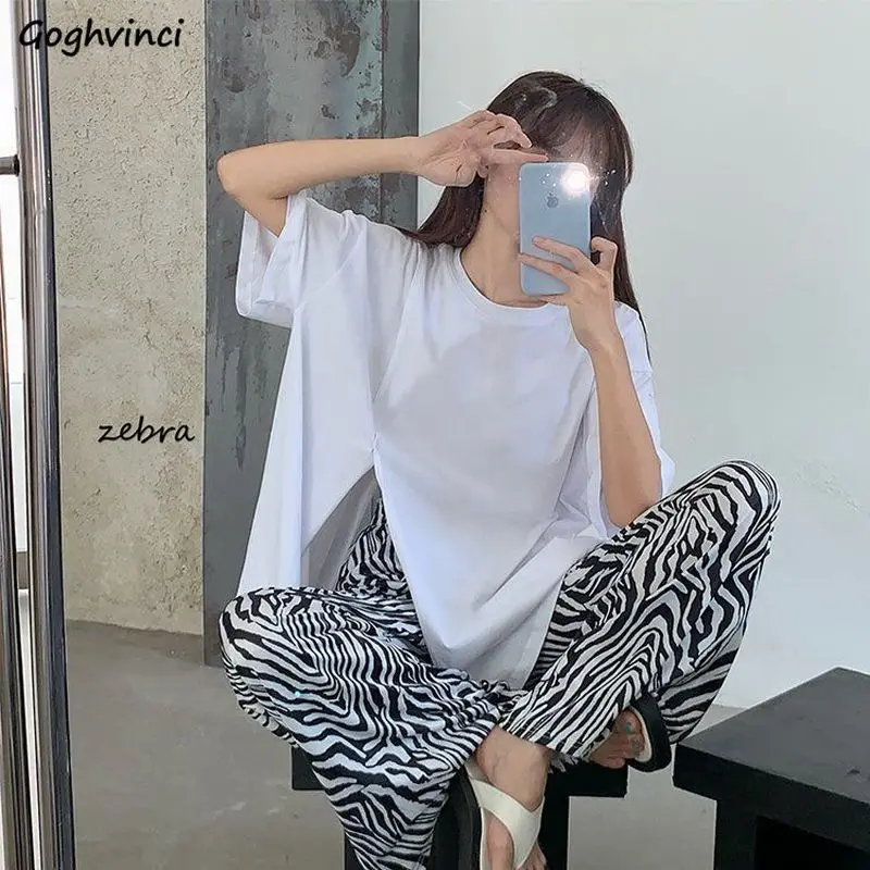 

Sets Women Casual Soft Summer Chic Teens Outfits High Waisted Zebra-print Harajuku Full Length Trouser Side-slit Design Teen Top