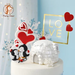 Lovebirds Winter Pinguïn Iglo Cake Topper Voor Baby Douche Verjaardagen Party Bakken Decoratie Dessert Benodigdheden Liefde Geschenken