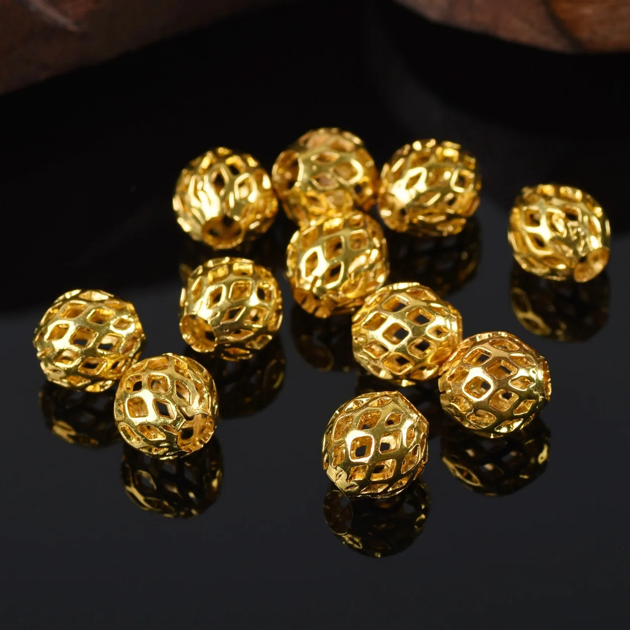 Gold Color Plated Round Hollow Gauze Metal Brass 8mm 10mm Loose Spacer Beads Lot For Jewelry Making DIY Crafts