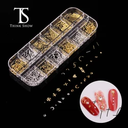 THINKSHOW 12 Grids Mixed Style Metal Rivet Nail Art Decoration Gold Silver Nail Rivets Shiny Charm Manicure Accessories Studs