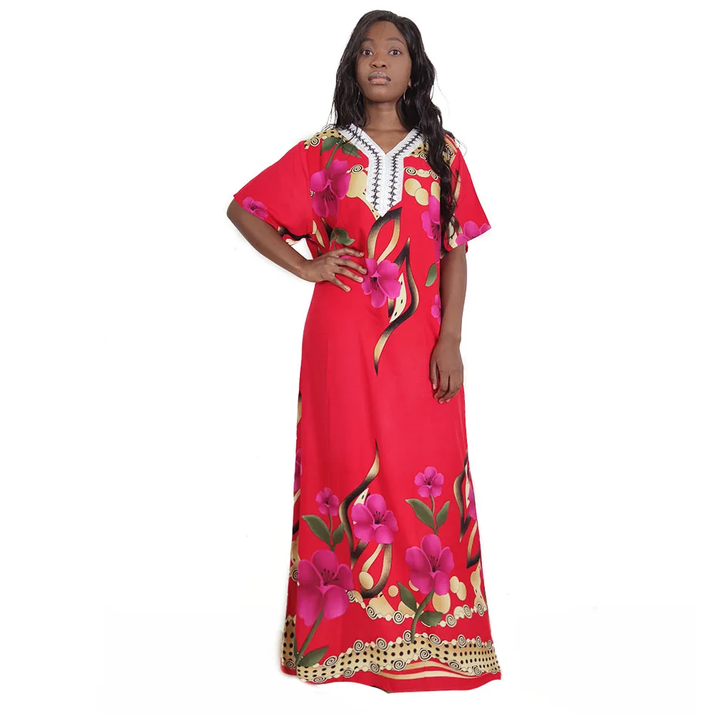 

Dashikiage New Arrivals Embroidery Loose African Dresses for Women V Neck Autumn Floral Print Femme Clothes with Scarf