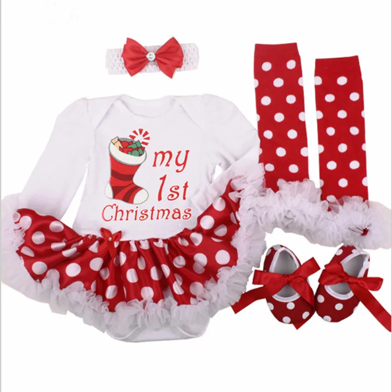 First Christmas Newborn Gift Clothing Set Baby Girl Dress Cotton Mesh Ruffle Girl Christening Gowns 4pcs Christmas 1st Dress Set