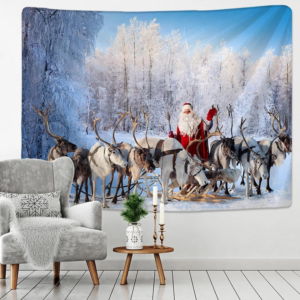 Xmas Art Wall Hanging Tapestry Santa Claus And Snow Christmas Deer Backdrop Home Room Decoration Gift