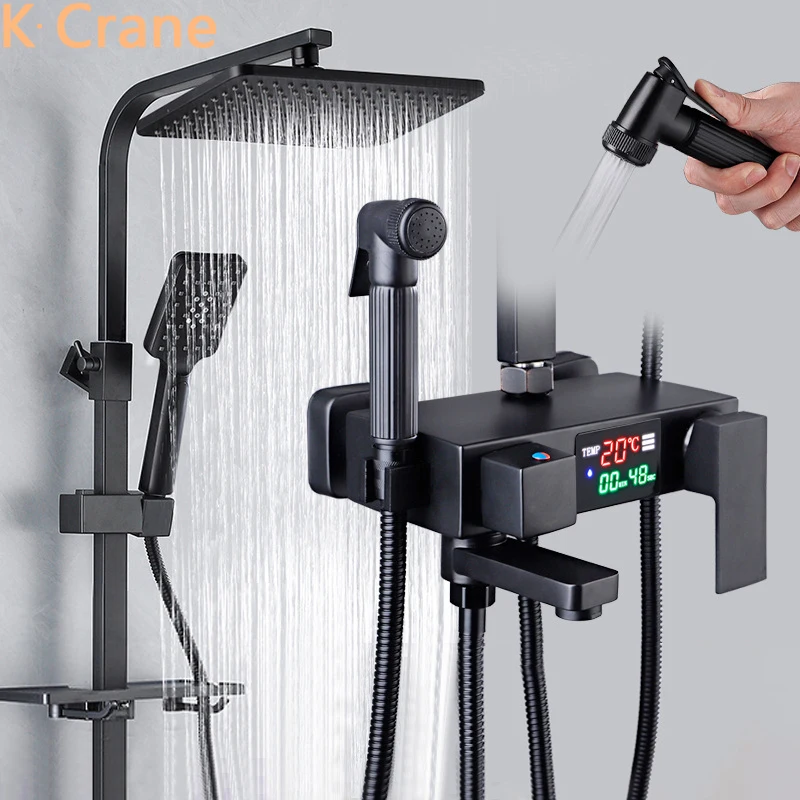 

Hot Cold Black Shower Set Bathroom Smart Thermostatic Shower System Wall Mount LED Bath Faucet Square Spray SPA Rainfall Grifos