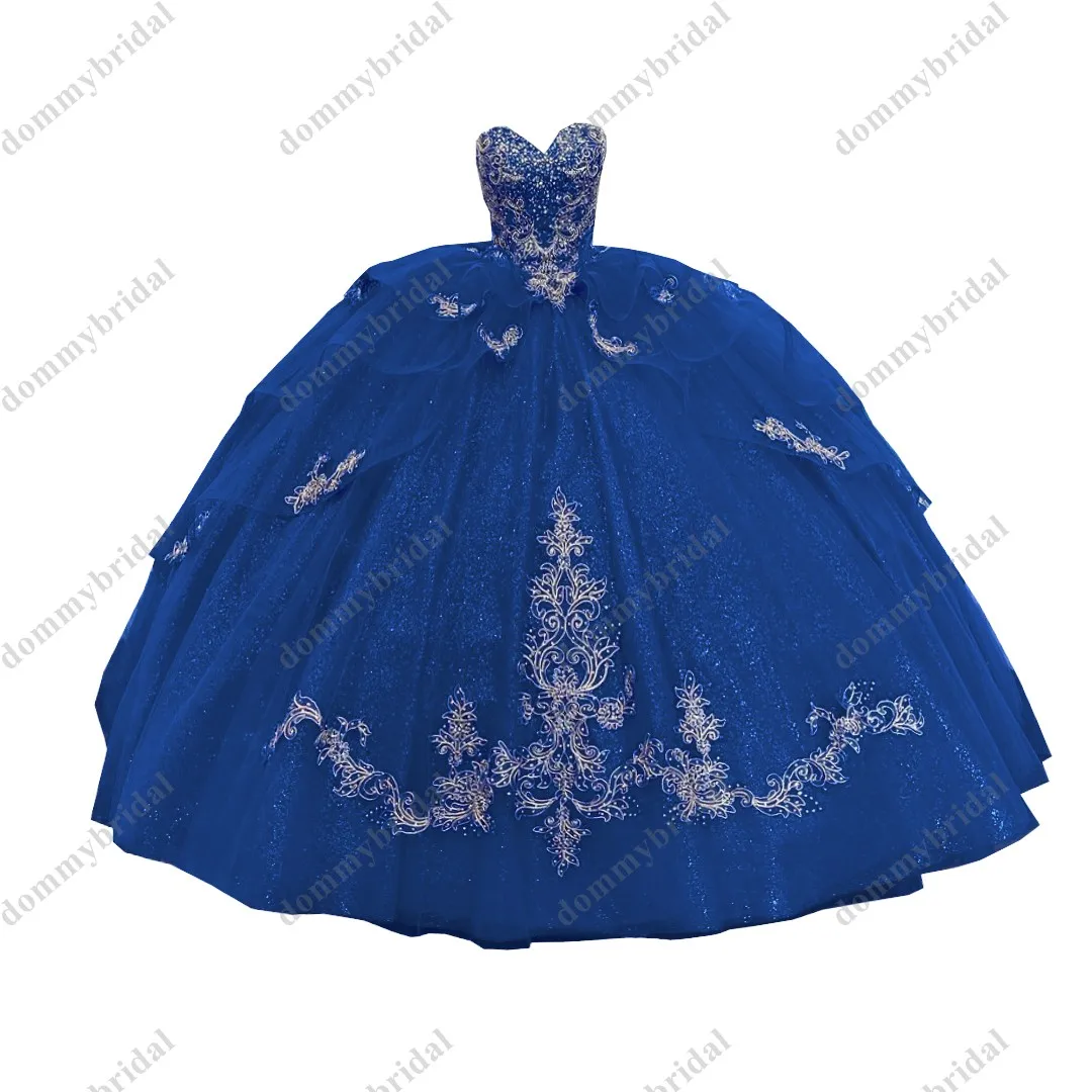 Prachtige Gouden Versiering Royal Blue Quinceanera Jurken Baljurk Sweetheart Ruches Lace Parels Kralen Cocktail Prom Xv