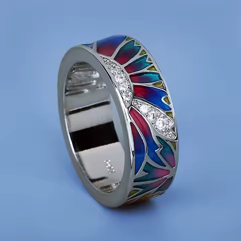 Classic Colorful Epoxy Silver Ring Sun Shape Women's Ring Exquisite Wedding Bridal Ring Handmade Enamel Wedding Rings