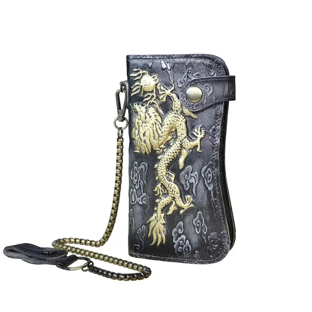 Cattle Male Genuine leather Dargon Tiger Emboss Fashion Checkbook Iron Chain Organizer Wallet Purse Design Clutch Handbag 1088