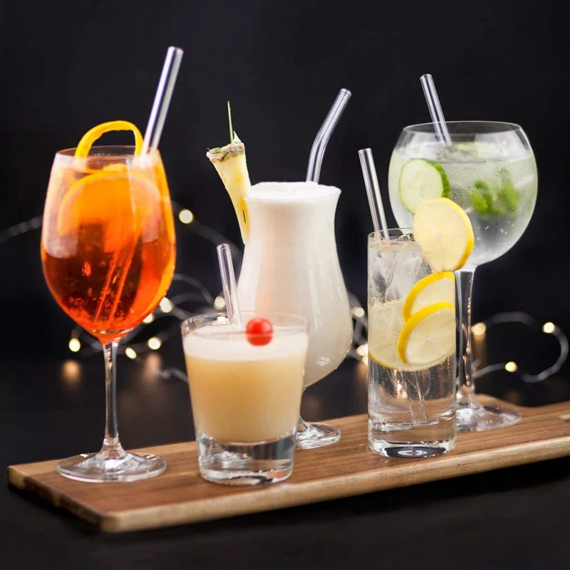 8 Colors Reusable Glass Straws Eco-friendly Drinking Straws with Brushes Straight Curved Glass Straws for Smoothies Cocktail