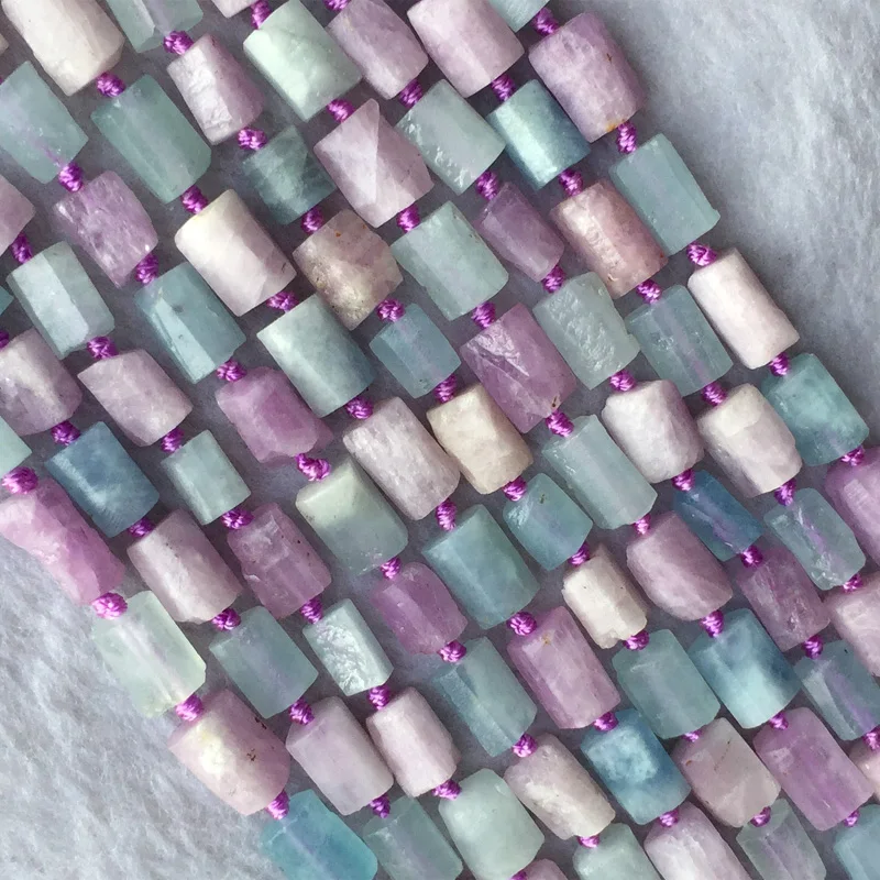 2 Strands  Natural Genuine Raw Mineral Blue Aquamarine Purple Kunzite Nugget Free Form Loose Rough Matte Faceted Beads 6-8mm