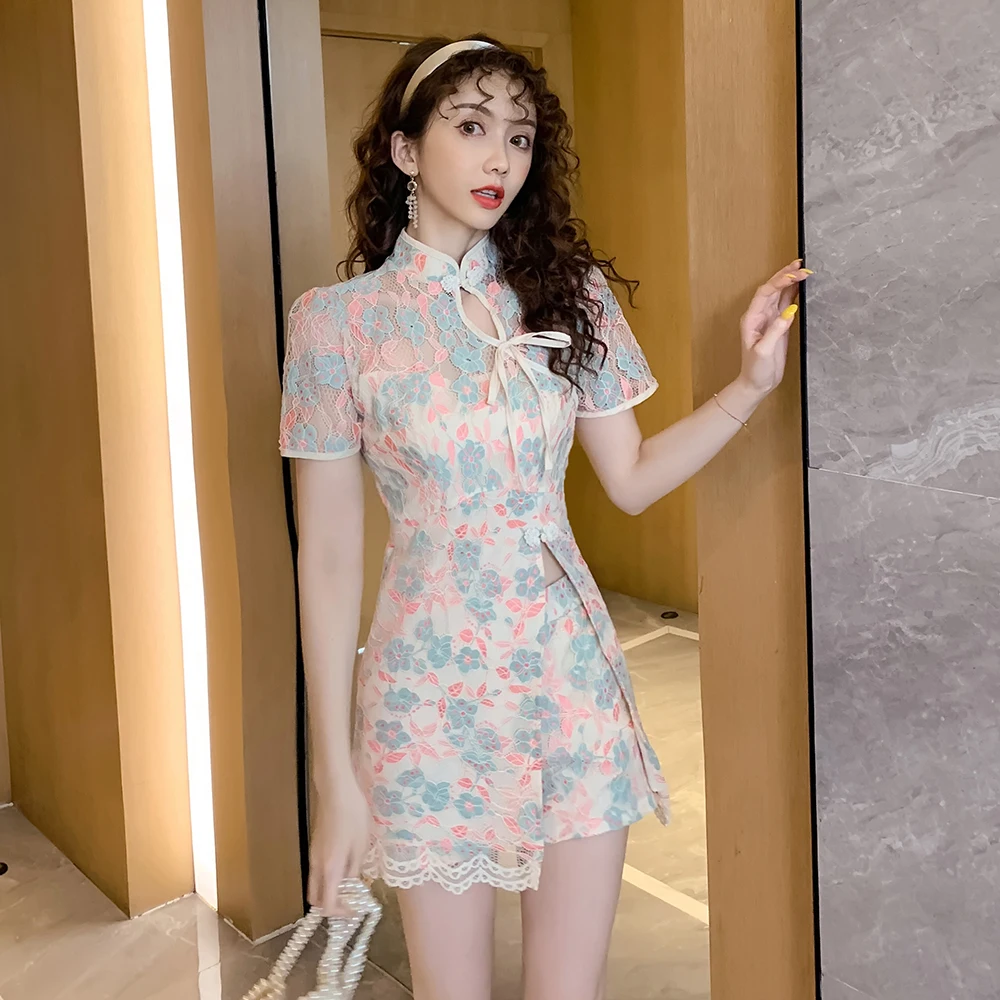 real photo high quality lace flower tops and shorts 2pcs set women 2024 summer retro cheongsam outfits