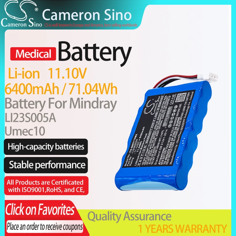 

CameronSino Battery for Mindray Umec10 fits Mindray LI23S005A Medical Replacement battery 6400mAh/71.04Wh 11.10V Li-ion Blue