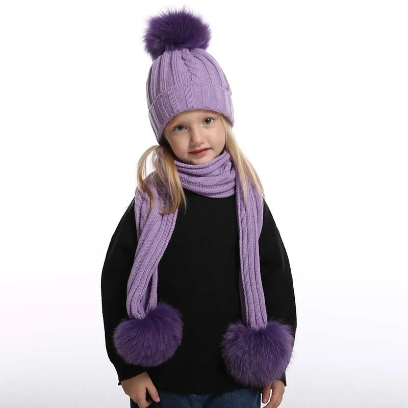 Kids Real Fox Fur Pompom Hat and Scarf Set Cute Baby Boy Girl Winter Hat Fleece Inside 3 Pieces Pompon Beanies