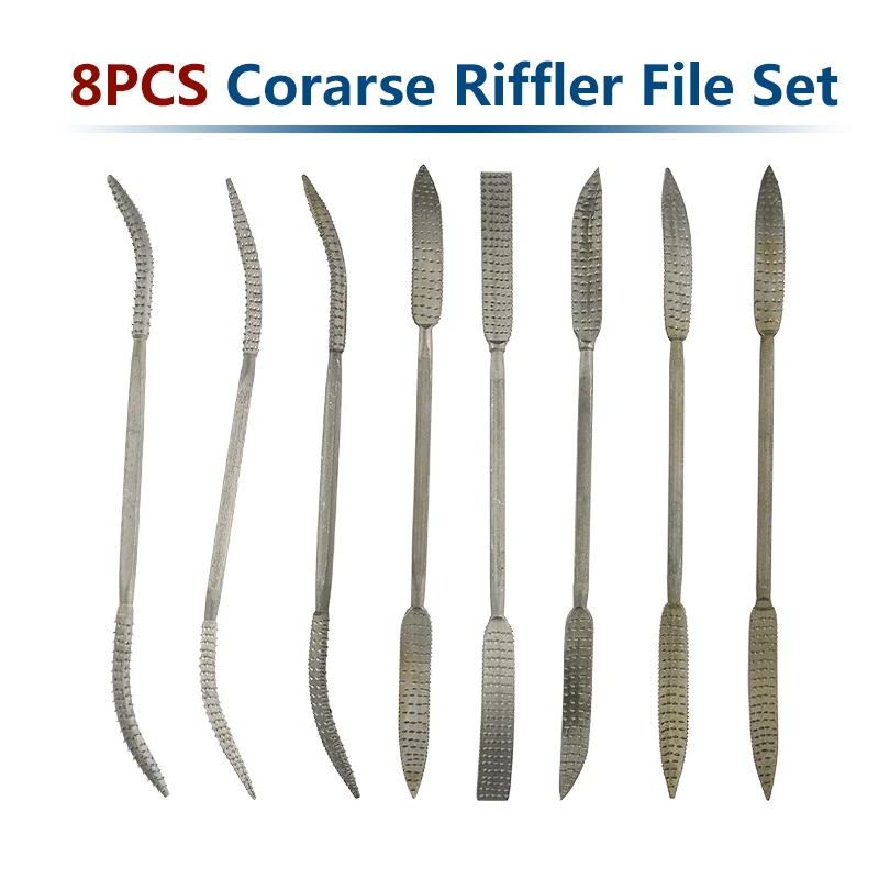 8pcs Mini Riffler Wood Rasp File Set 4.5x190mm Double Ended Coarse Rifler Files Set For Woodworking Carving Hand Tools