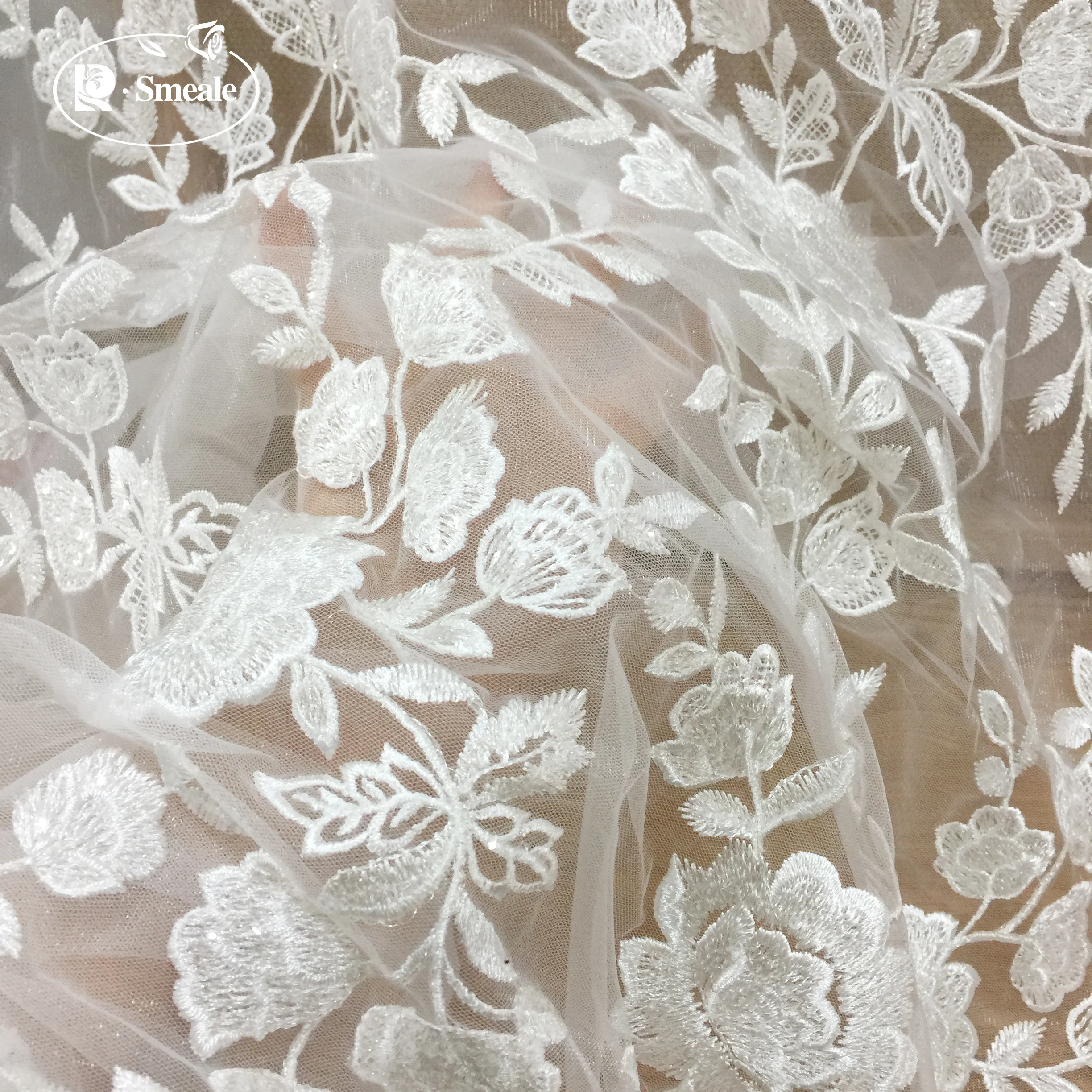 Handmade Sequined Mesh Embroidery Lace Fabric, DIY Wedding Dress, Flower Lace Accessories, RS3677