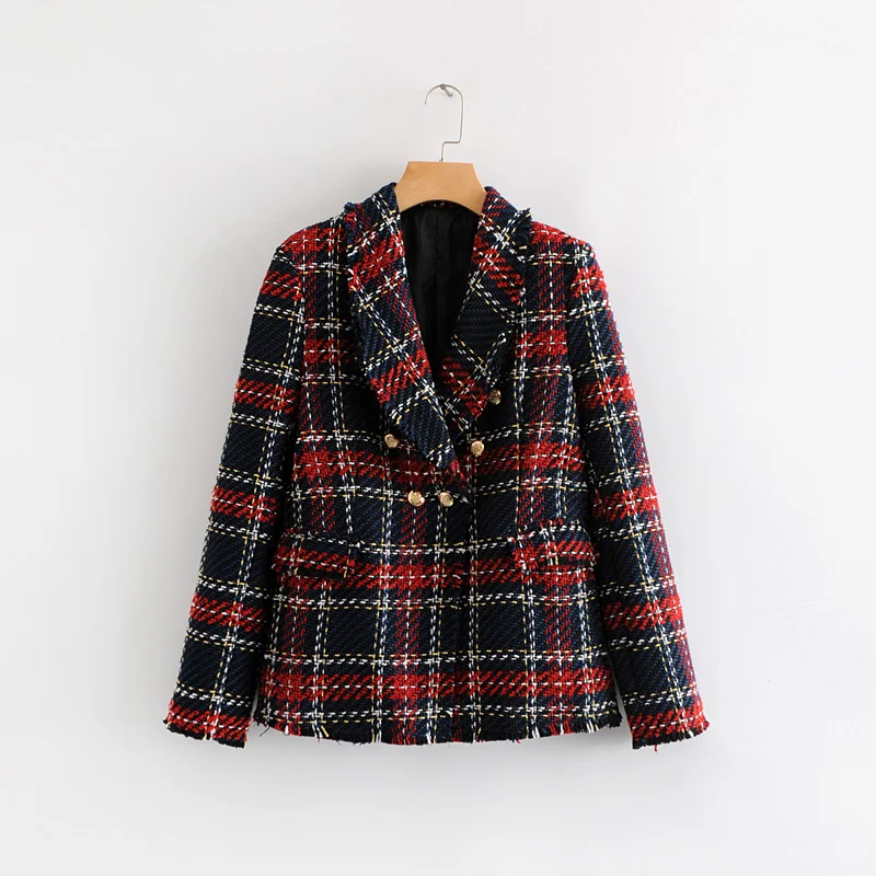 Red Plaid Blazer 2021 Women Spring-Autumn Vintage Tweed Suits Jackets Office Ladies Chic Slim Blazers Girls Tassel Tops Set Coat