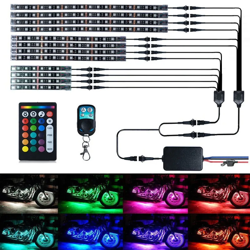 Motorcycle LED Light Kit Strips 5050 RGB Colorful Atmosphere Lights 12PCS Waterproof Light Strip Voice Control RF Wireless Remot