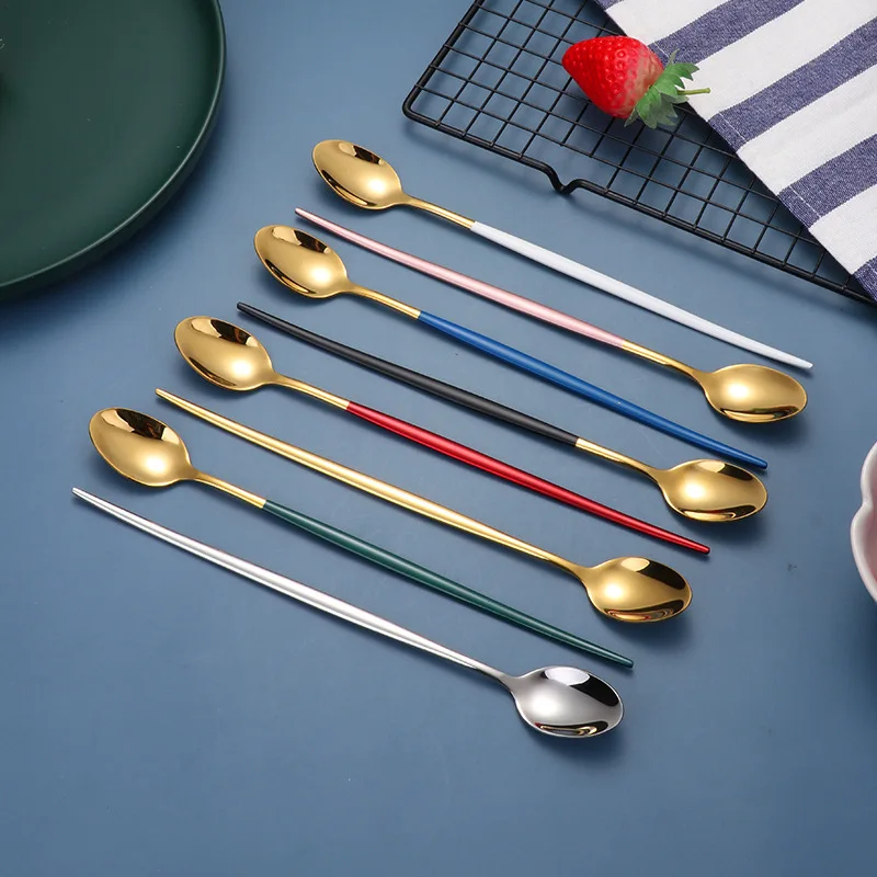 Creative 304 Stainless Steel Long Handle Spoon Thicken Tableware Tea Coffee Ice Cream Mixing Spoons Teaspoons Kitchen Dinnerware