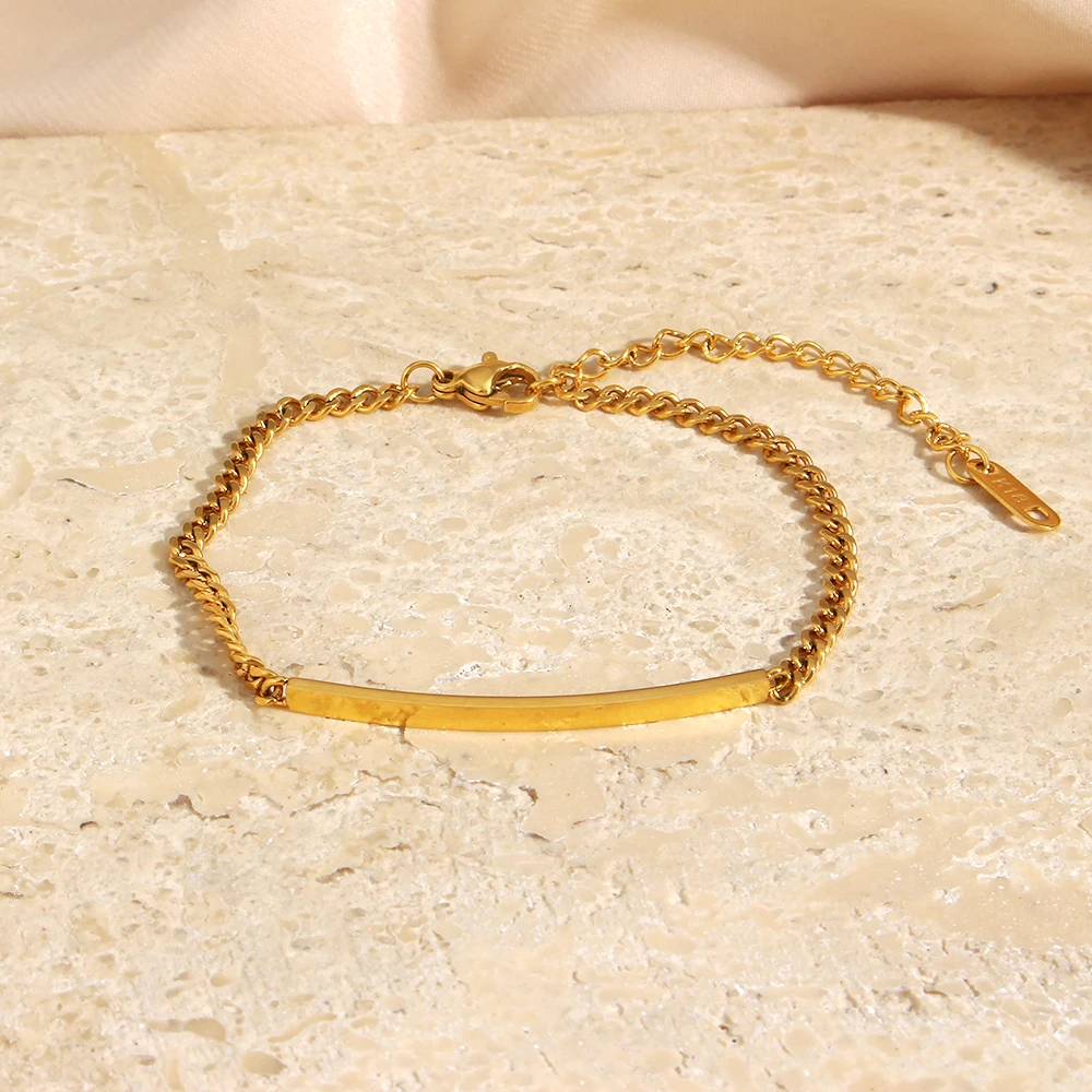 2021 New Fine Polished Bar Plate Charm Cuban Chain Bracelet Bangles For Women 18K Gold Plated Stainless Steel Jewerly For Women