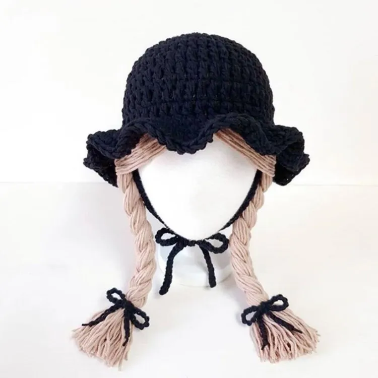 1-5 Yrs Girls Hat Kids Hand Knitted Caps With Braids Children Autumn Winter Fashion Wigs Hat Plaits Wig Bonnet Photo Accessories