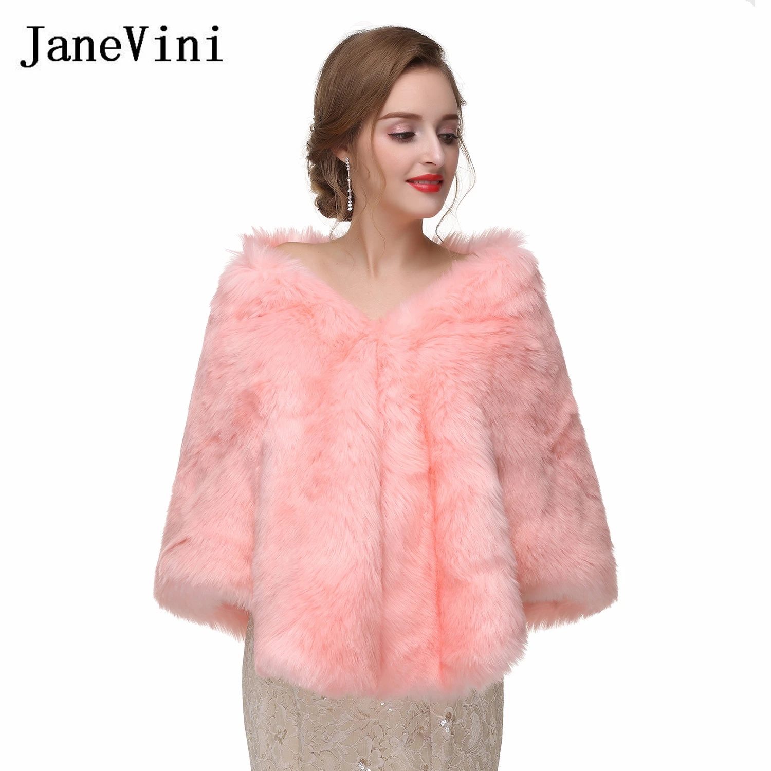 

JaneVini High Quality Pink Bridal Cape Faux Fox Fur Shawls Wraps Soft Warm Women Cloak Winter Wedding Jacket Boleros Nupciales