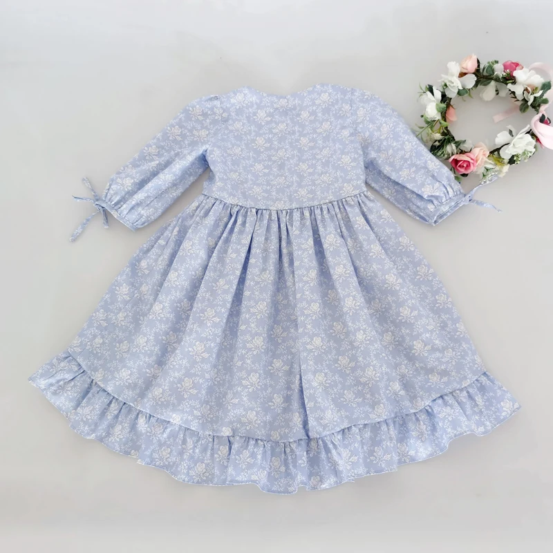 Flofallzique New Style Cotton Round Neck Short Sleeve Fashion Rose Flower Pattern Baby Girls Dress For Party Wedding Christmas