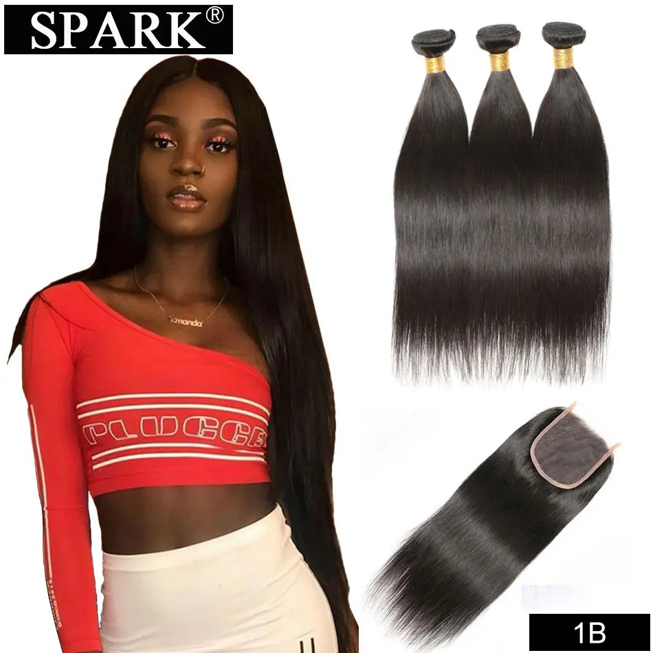 Spark Human Hair Straight Brazilian Human Hair Weave Bundles With Closure 100% Human Hair Extensions Natural Black Color Remy