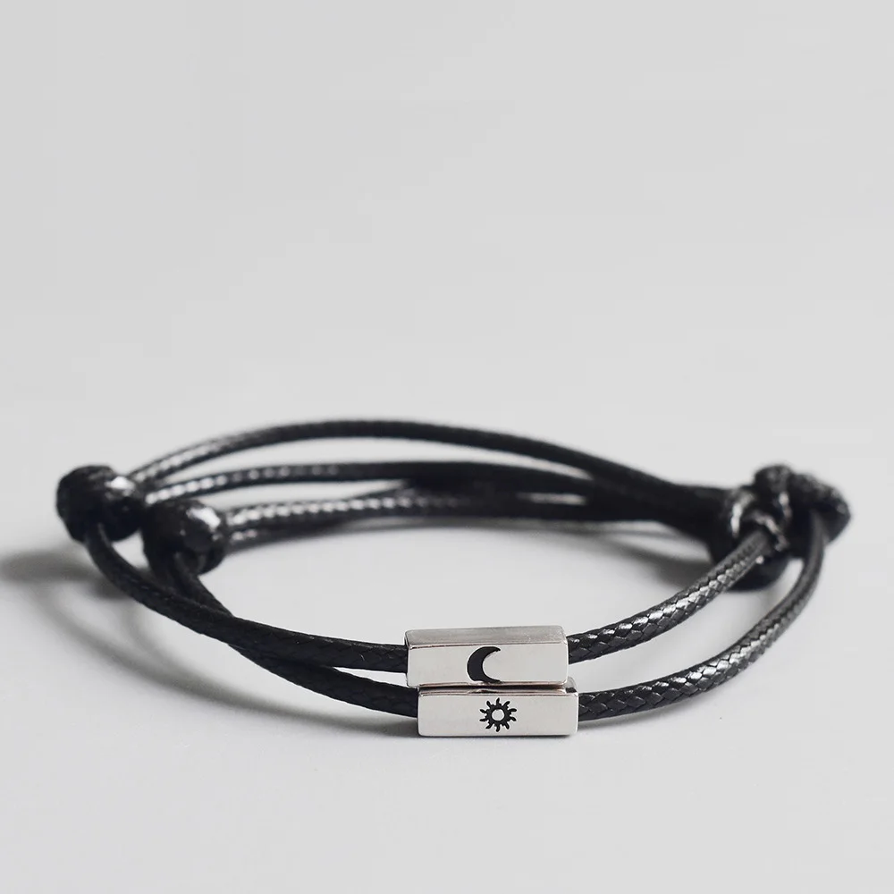 La Monada 925 Sterling Silver Couple Classic Black Rope Bracelets Black Thread Line Silver Jewelry Bracelets For Women Men Moon