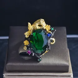 Foydjew Simulation Emerald Leopard Rings Italian Craft Retro Wire Drawing Black Gold Color Plated Adjustable Open Ring