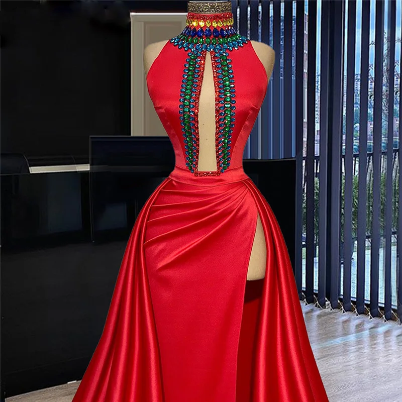 Sexy Red High Split Evening Dresses High Neck Beaded Hollow Front A Line Prom Dresses Sweep Train Robe De Soiree Party Dress