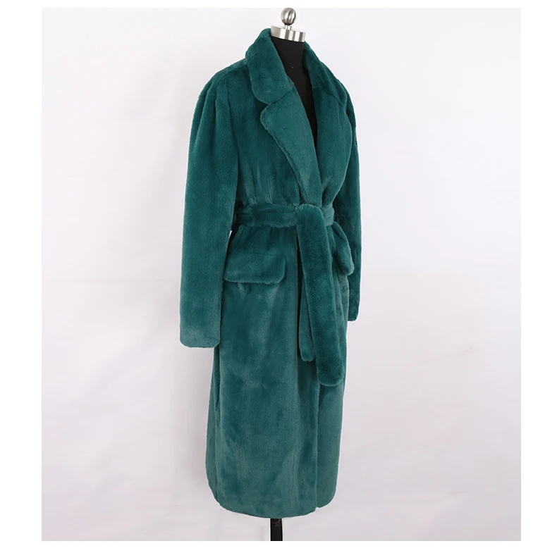 Nerazzurri Winter Long Green Warm Soft Loose Fluffy Faux Fur Coat Women Belt Lapel Elegant Luxury Designer Korean Fashion 2021