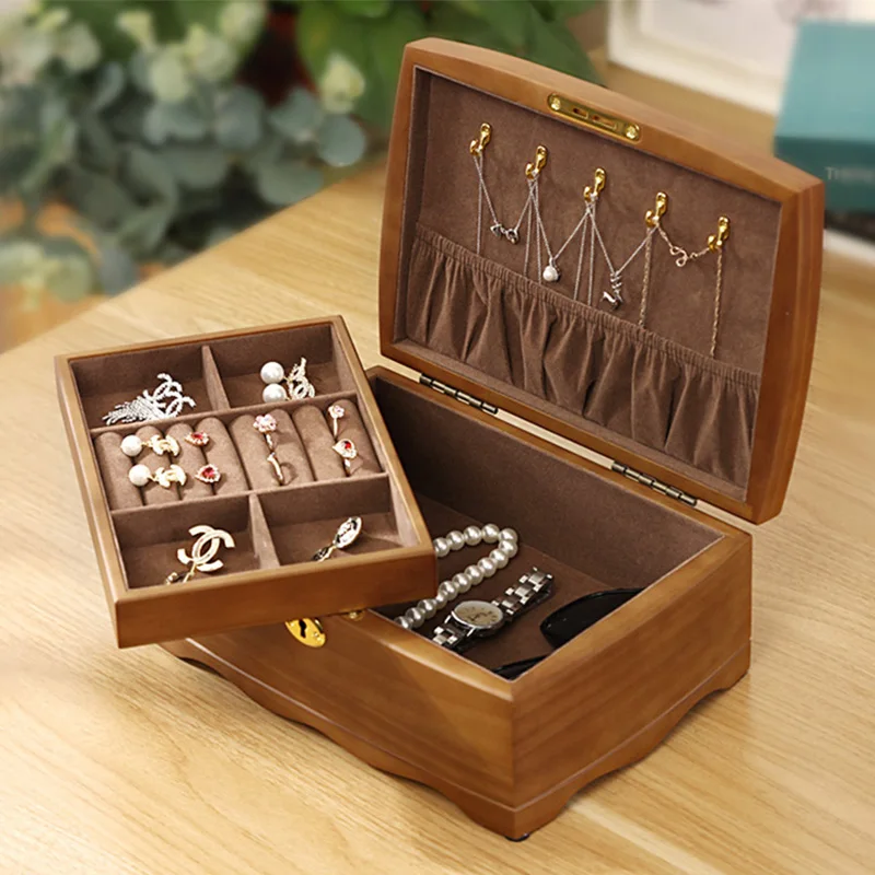 Luxury Retro Style Wooden Jewelry Box with Lock, Two Layer Storage Organizer for Ring, Bracelet, Necklace, Earrings