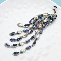 Wuli&baby Luxury Crystal Tassel Peacock Women Winter Brooch Pin Jewelry For Coat and Dress