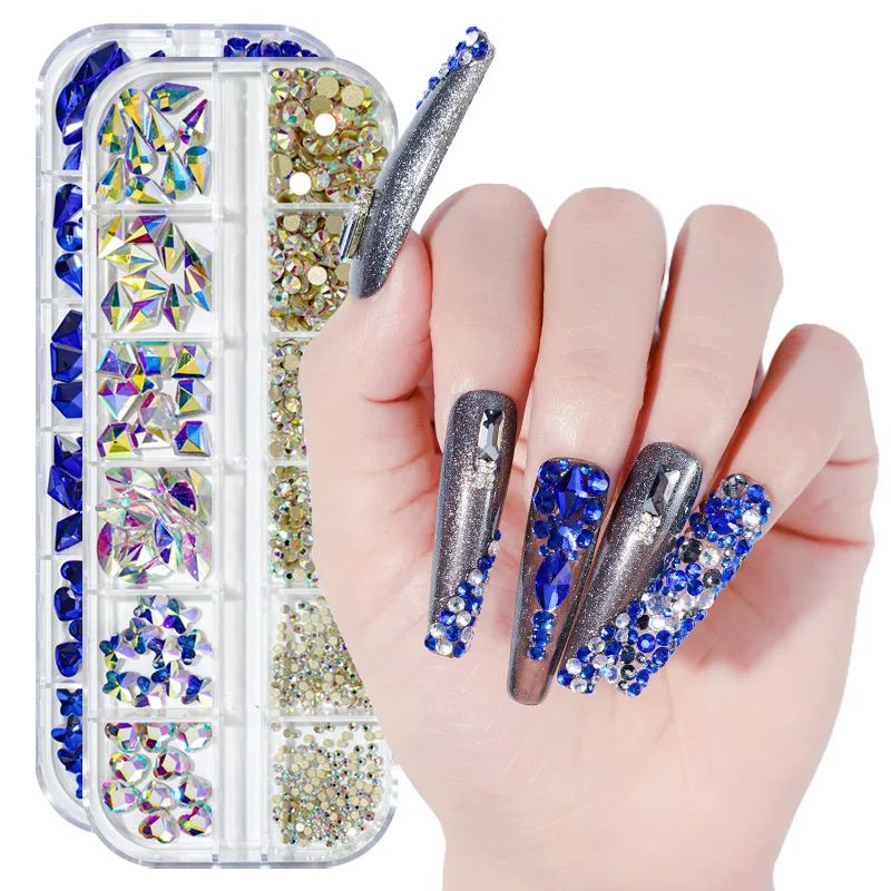 12 boîtes de Strass pour ongles, tailles mixtes, bleu, diamants, 3D, décor Nail Art, Flatback, cristal brillant 3D, paillettes, gemmes, 1 boîte