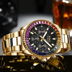 SPAß BIDEN Luxus Gold Uhr Herren Regenbogen Diamanten Lünette Mode Quarz Armbanduhren Voller Stahl Chronograph AAA Uhren Reloj Hombre